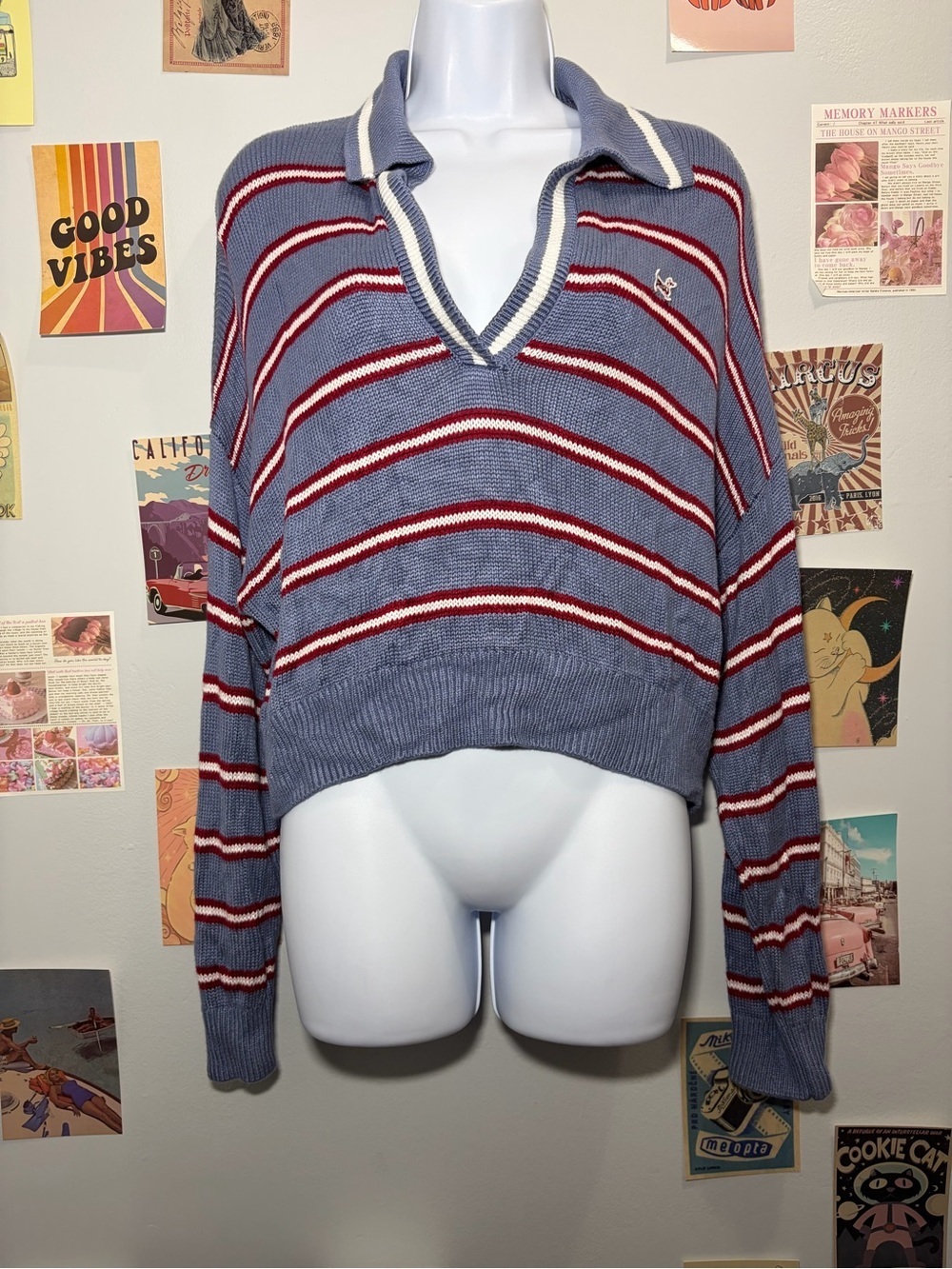 PINK Victoria's Secret Blue Cropped V-Neck Sweater with Red & White Stripes